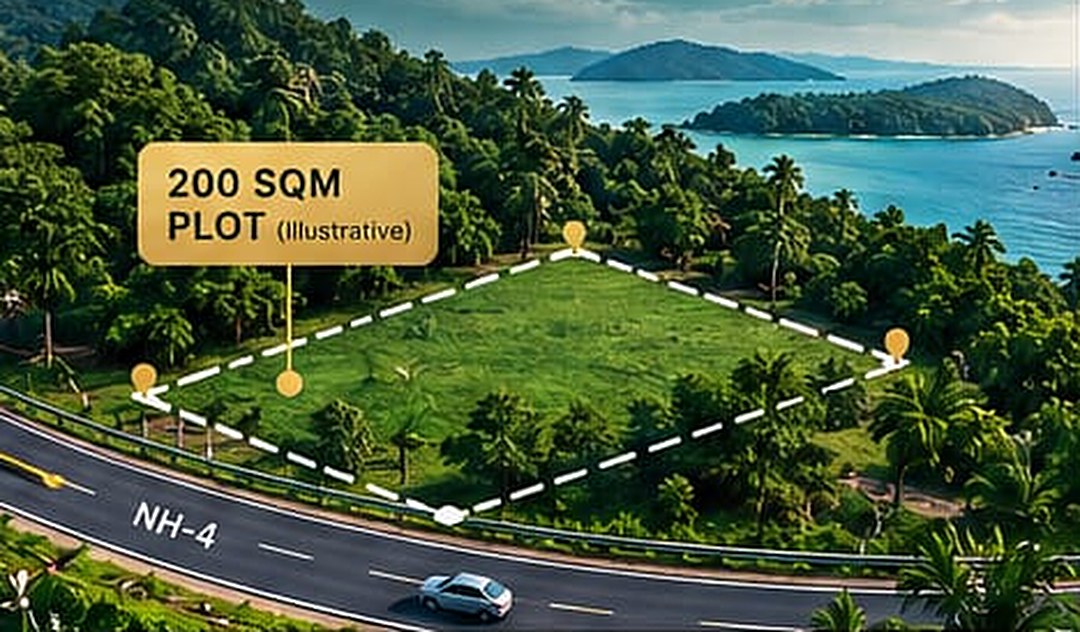 Aerial view of a 200 sq.m plot beside NH-4 with forest and sea behind (illustrative)